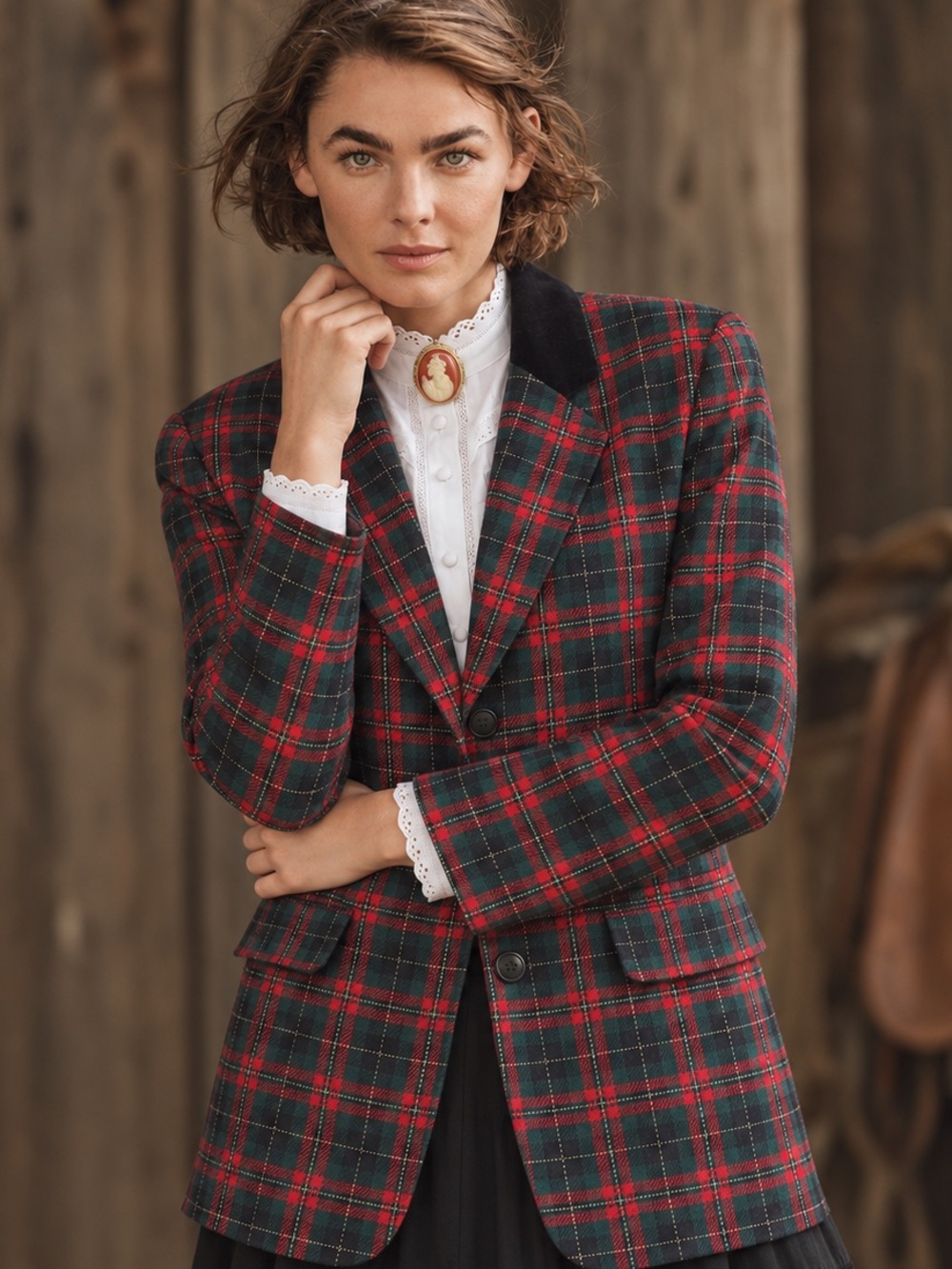 Vintage 90s Tartan Plaid Wool Blazer Red Green Holiday Preppy Equestrian 12